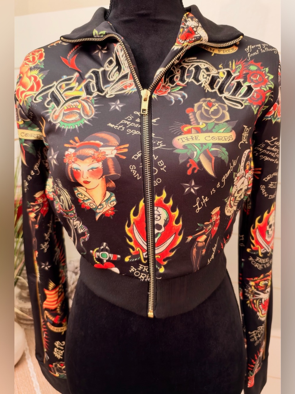 EUC Ed Hardy flashboard jacket cropped track streetwear Y2K cyber grunge skulls